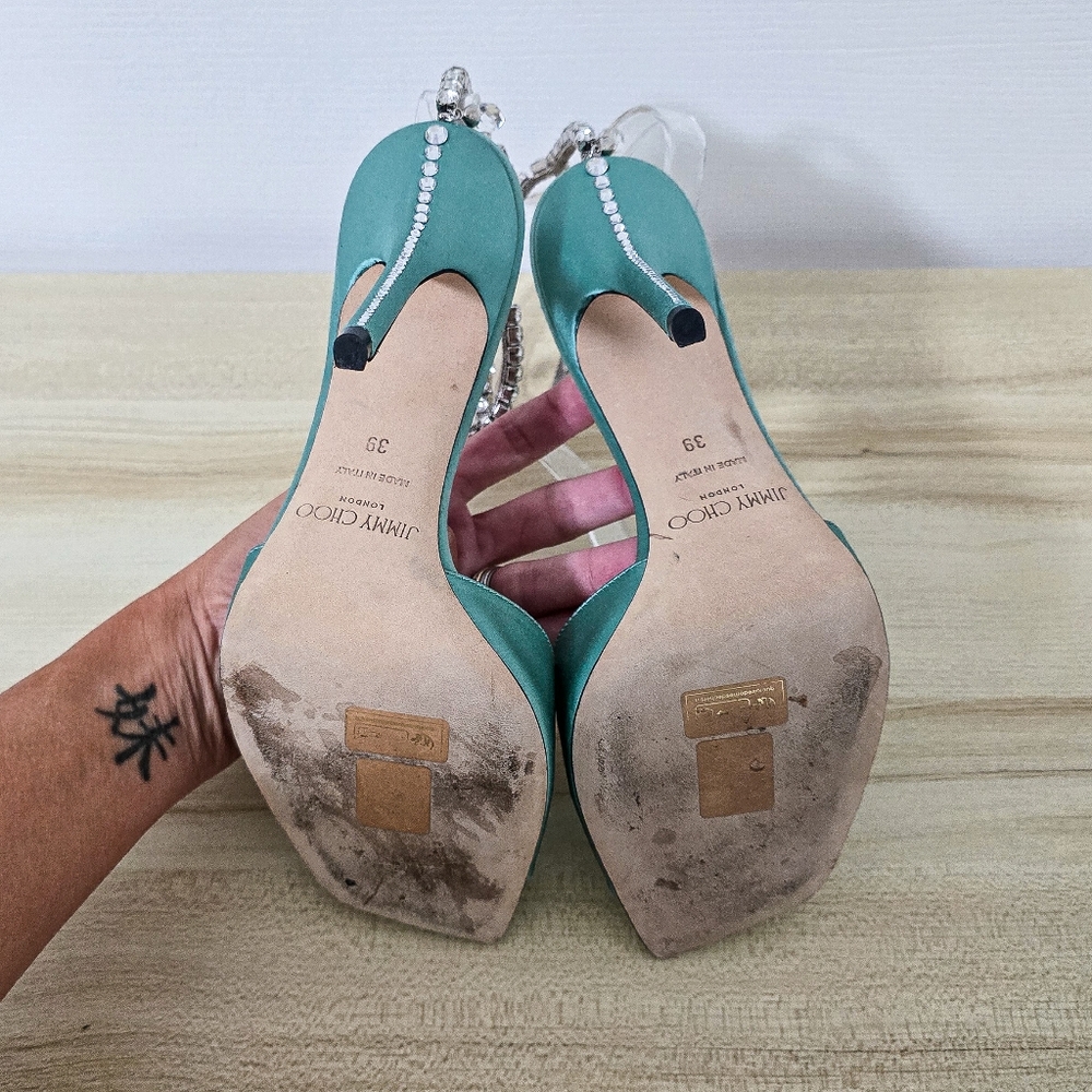 Jimmy Choo Saeda 100 Satin Crystal Embellished Sandals Size 39/9 - Picture 14 of 16